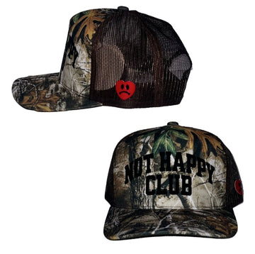 NOT HAPPY CLUB REAL TREE 5 PANEL SNAP BACK TRUCKER HAT
