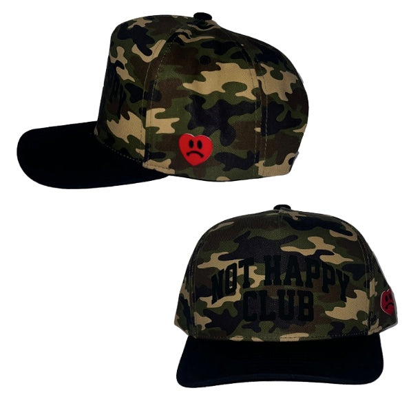 NOT HAPPY CLUB CAMO 5 PANEL SNAPBACK TRUCKER HAT
