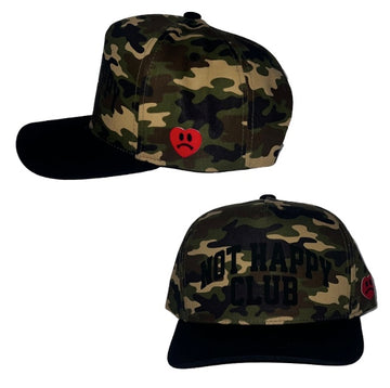 NOT HAPPY CLUB CAMO 5 PANEL SNAPBACK TRUCKER HAT